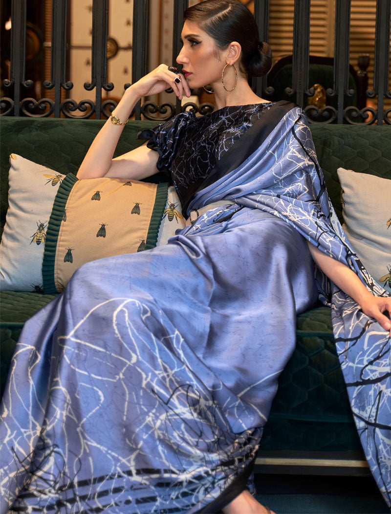 Shine Blue And Black Fancy Japan Satin Crepe With Digital Print Luxury Stylish Saree