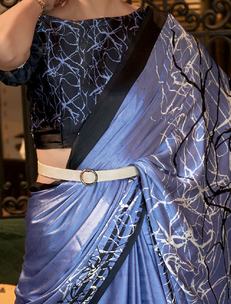 Shine Blue And Black Fancy Japan Satin Crepe With Digital Print Luxury Stylish Saree