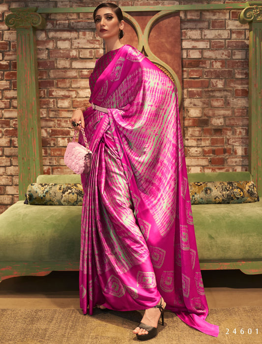 Dark Pink Fancy Japan Satin Crepe With Digital Print Luxury Stylish Saree