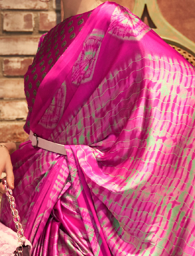 Dark Pink Fancy Japan Satin Crepe With Digital Print Luxury Stylish Saree