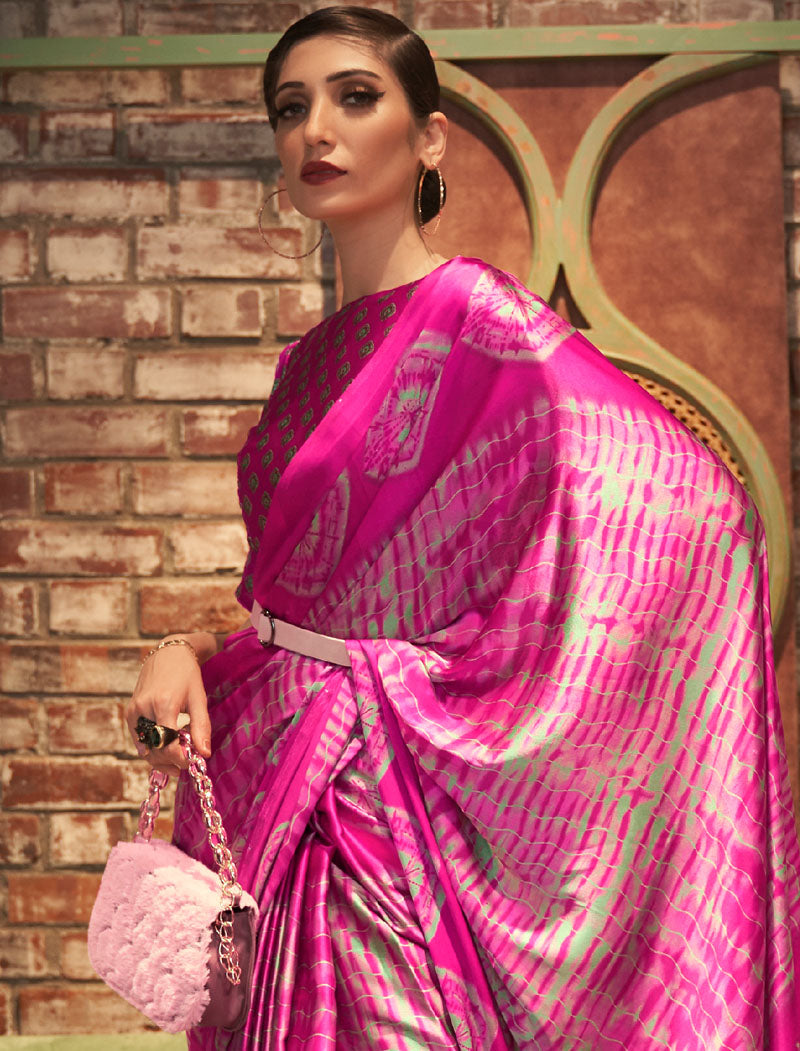 Dark Pink Fancy Japan Satin Crepe With Digital Print Luxury Stylish Saree