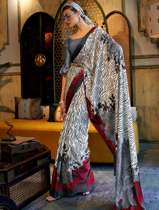 Cream And Grey Fancy Japan Satin Crepe With Digital Print Luxury Stylish Saree