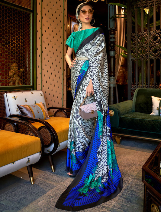 Cream And Blue Fancy Japan Satin Crepe With Digital Print Luxury Stylish Saree