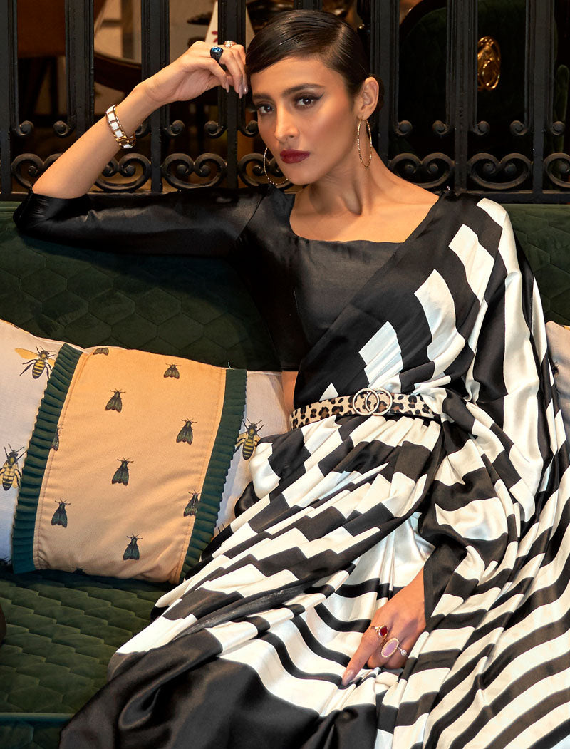 White And Black Fancy Japan Satin Crepe With Digital Print Luxury Stylish Saree