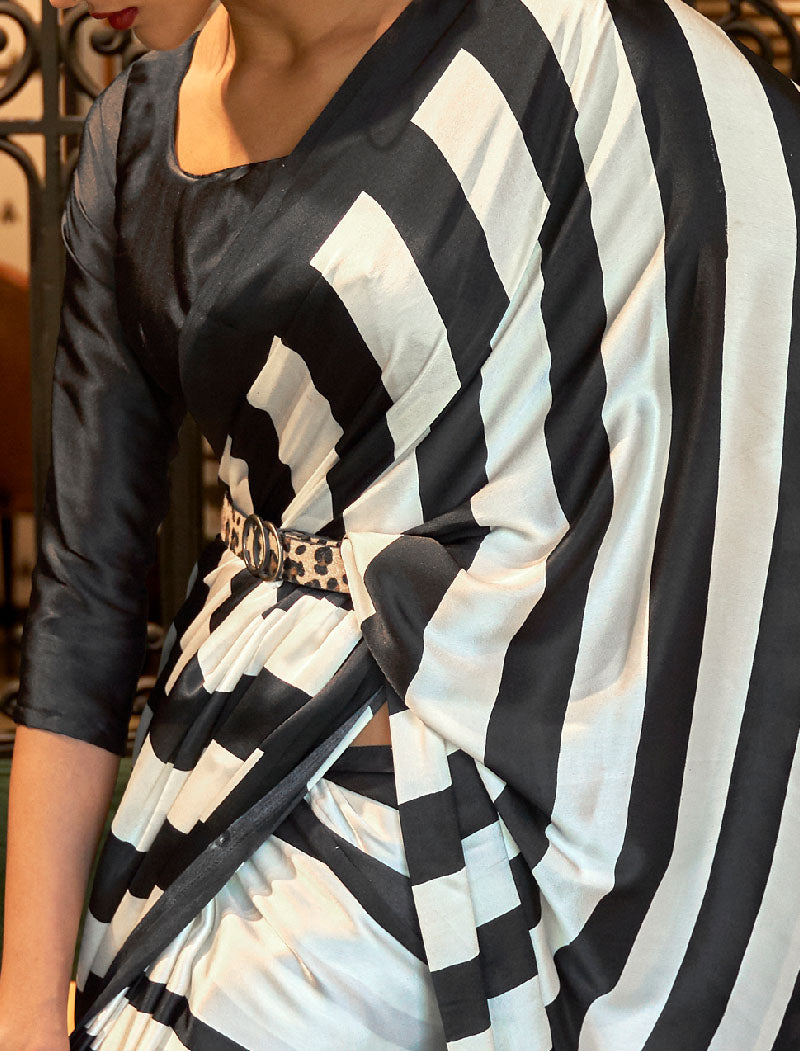 White And Black Fancy Japan Satin Crepe With Digital Print Luxury Stylish Saree