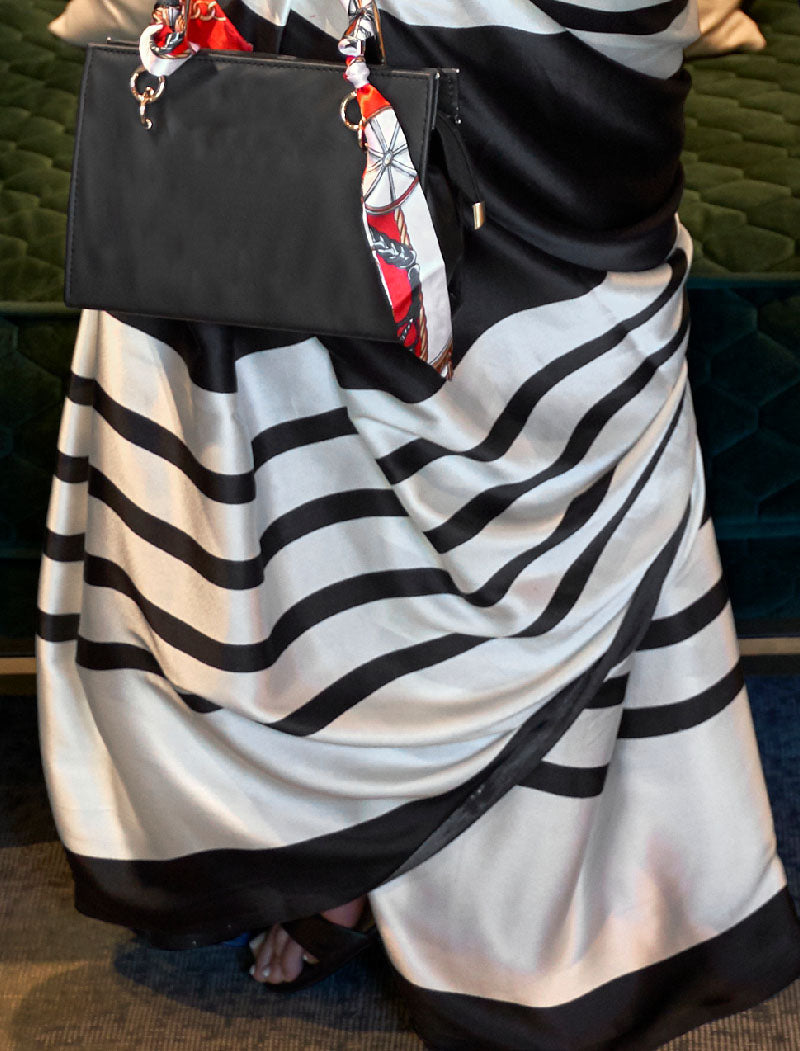 White And Black Fancy Japan Satin Crepe With Digital Print Luxury Stylish Saree