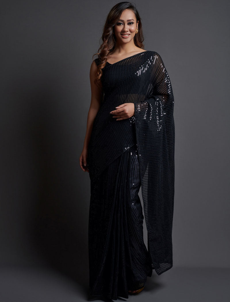 Black Soft Georgette Saree 5 MM Plain Sequence And Thread Work With Banglori Silk Blouse