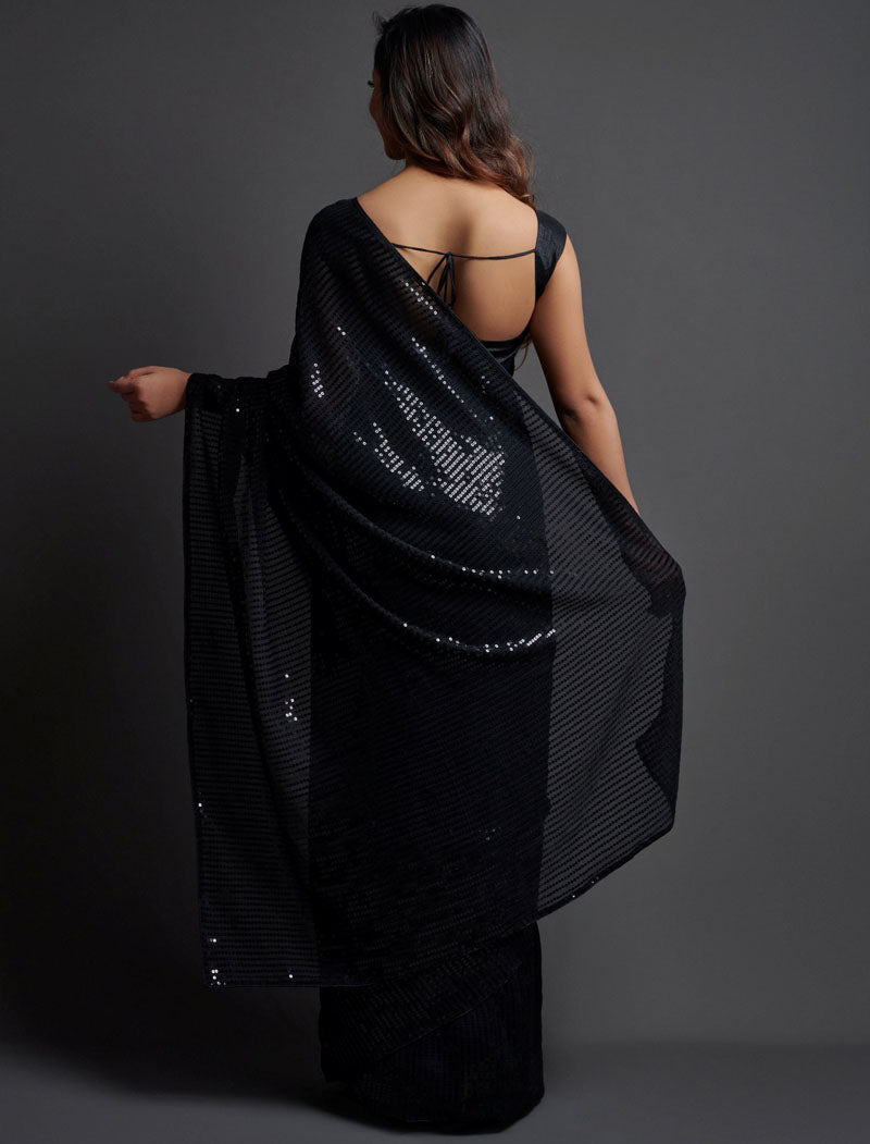 Black Soft Georgette Saree 5 MM Plain Sequence And Thread Work With Banglori Silk Blouse