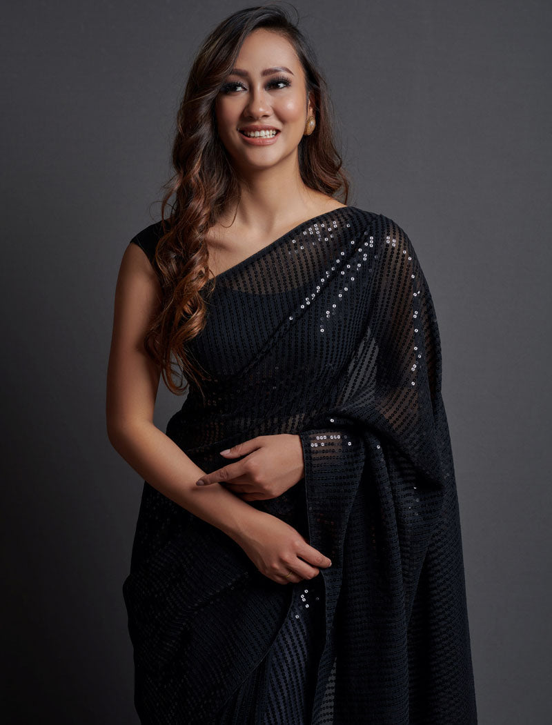 Black Soft Georgette Saree 5 MM Plain Sequence And Thread Work With Banglori Silk Blouse