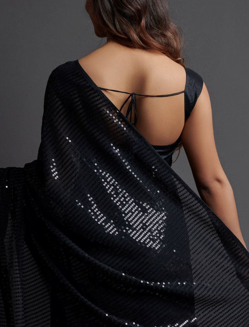 Black Soft Georgette Saree 5 MM Plain Sequence And Thread Work With Banglori Silk Blouse