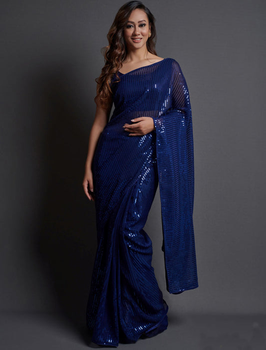 Navy Blue Soft Georgette Saree 5 MM Plain Sequence And Thread Work With Banglori Silk Blouse