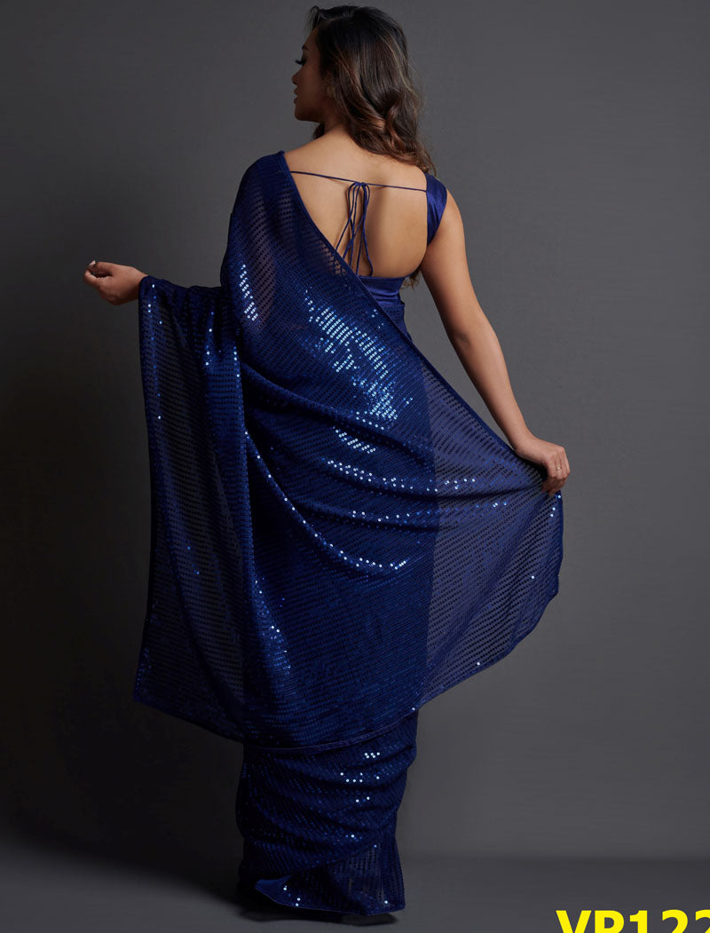 Navy Blue Soft Georgette Saree 5 MM Plain Sequence And Thread Work With Banglori Silk Blouse