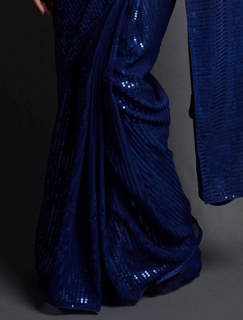 Navy Blue Soft Georgette Saree 5 MM Plain Sequence And Thread Work With Banglori Silk Blouse