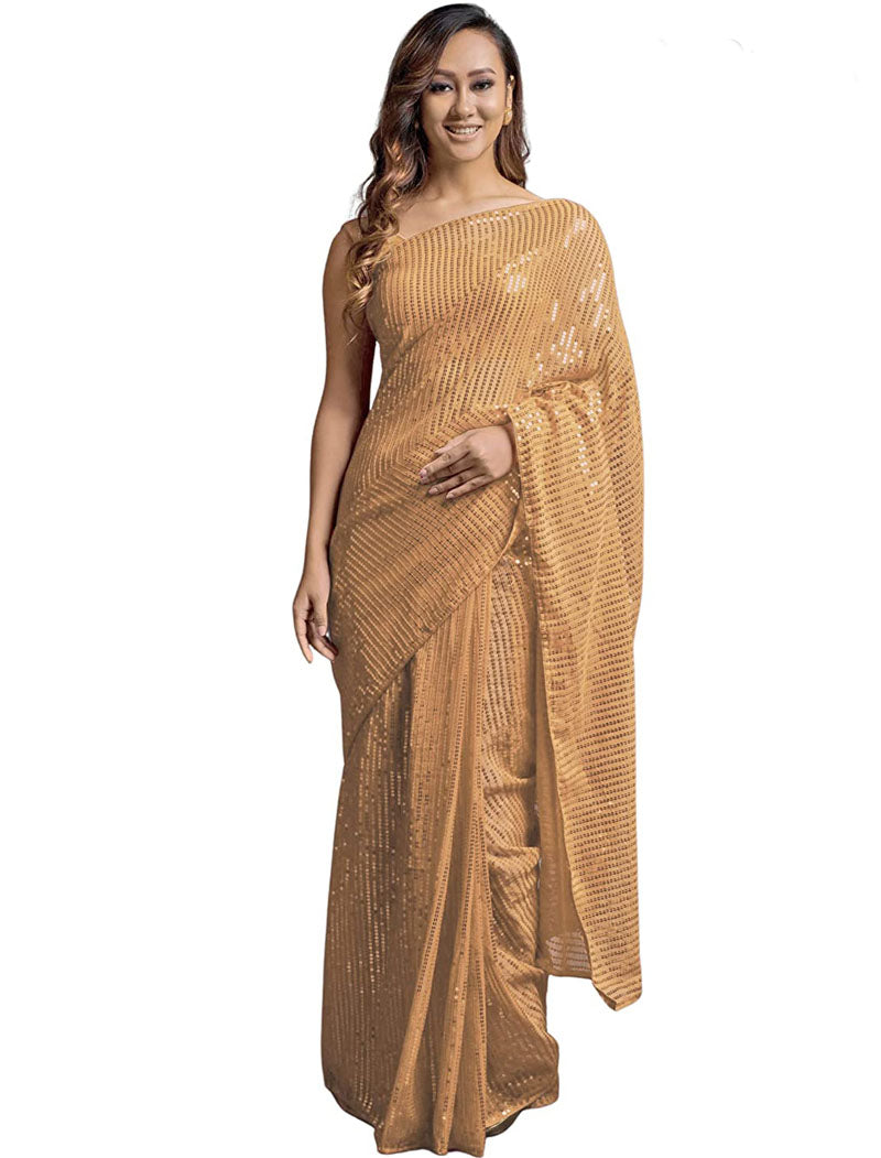 Cream Soft Georgette Saree 5 MM Plain Sequence And Thread Work With Banglori Silk Blouse