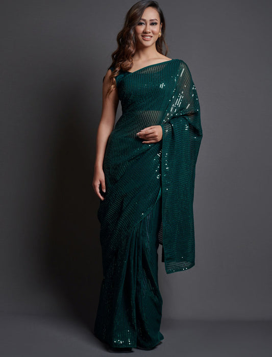 Dark Green Soft Georgette Saree 5 MM Plain Sequence And Thread Work With Banglori Silk Blouse