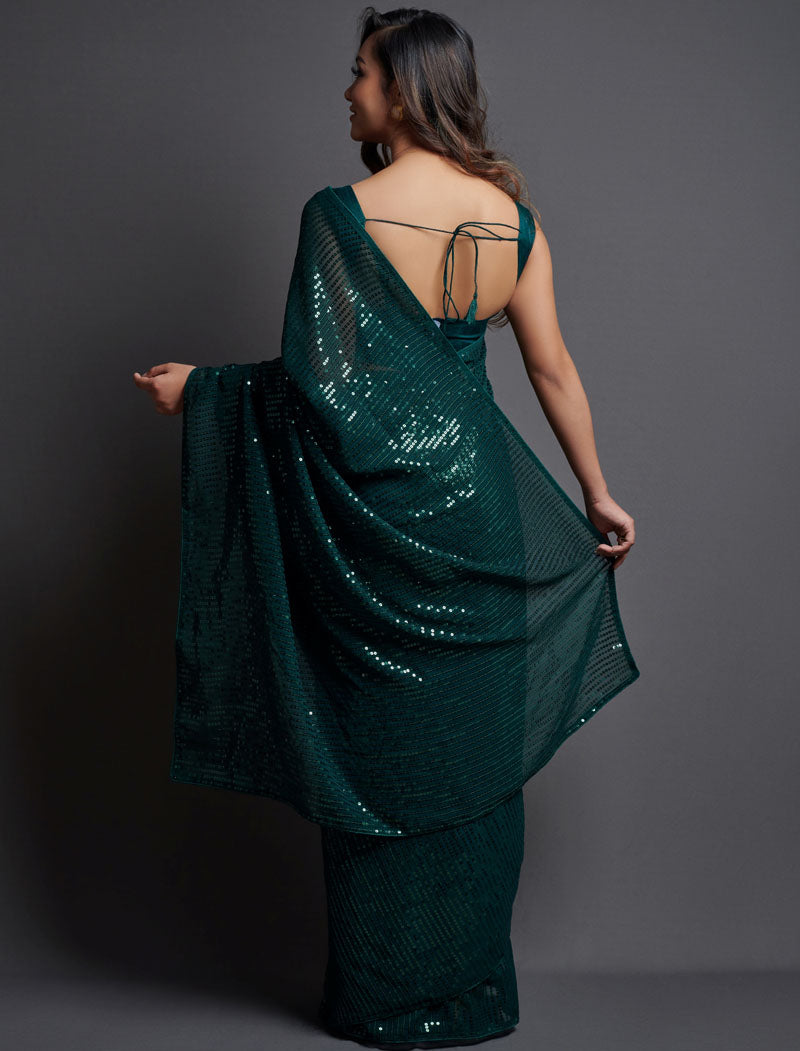 Dark Green Soft Georgette Saree 5 MM Plain Sequence And Thread Work With Banglori Silk Blouse