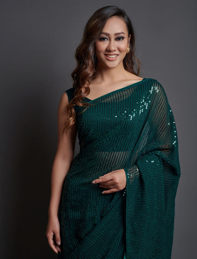 Dark Green Soft Georgette Saree 5 MM Plain Sequence And Thread Work With Banglori Silk Blouse