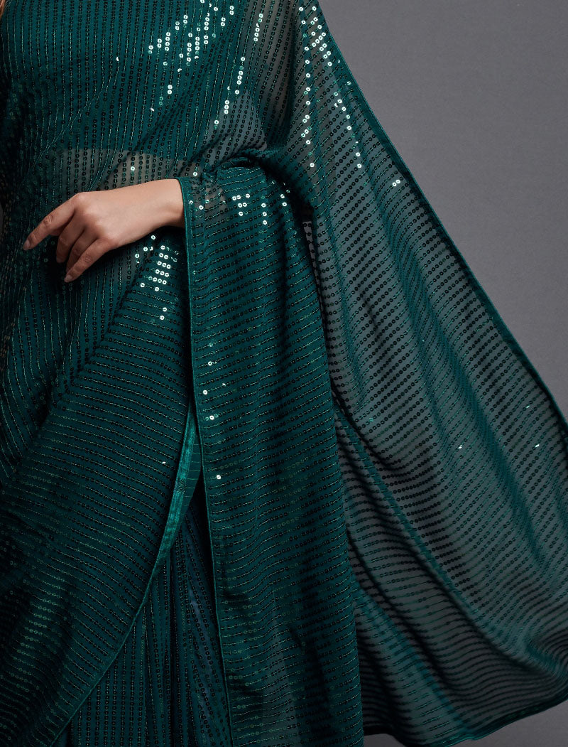 Dark Green Soft Georgette Saree 5 MM Plain Sequence And Thread Work With Banglori Silk Blouse