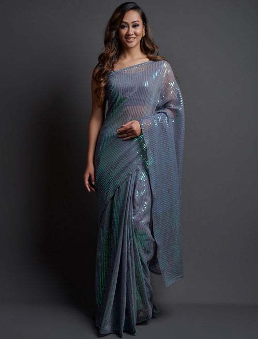 Grey Soft Georgette Saree 5 MM Plain Sequence And Thread Work With Banglori Silk Blouse