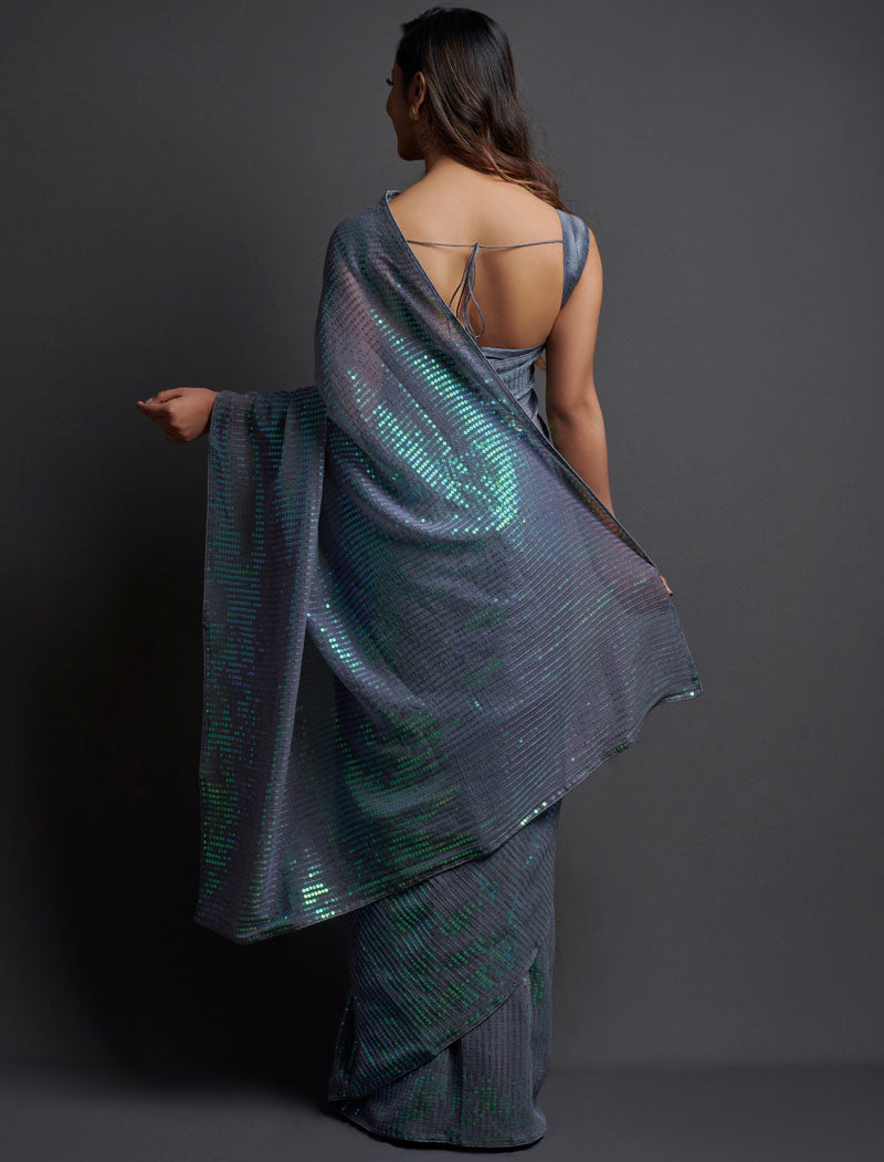 Grey Soft Georgette Saree 5 MM Plain Sequence And Thread Work With Banglori Silk Blouse