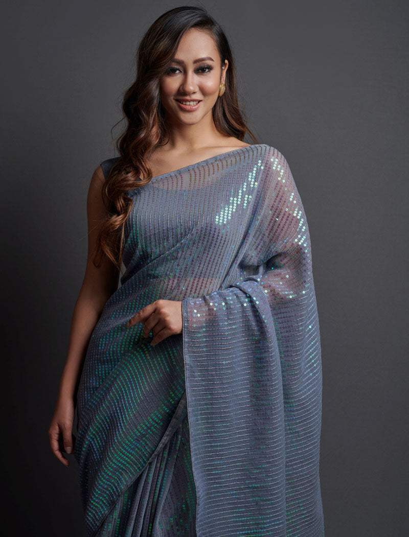 Grey Soft Georgette Saree 5 MM Plain Sequence And Thread Work With Banglori Silk Blouse