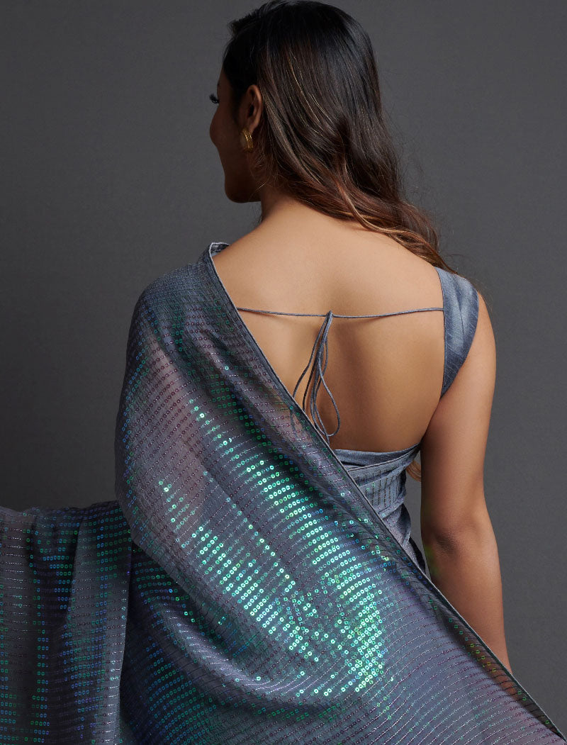 Grey Soft Georgette Saree 5 MM Plain Sequence And Thread Work With Banglori Silk Blouse