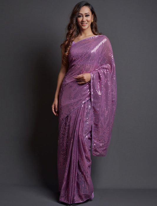 Light Purple Soft Georgette Saree 5 MM Plain Sequence And Thread Work With Banglori Silk Blouse