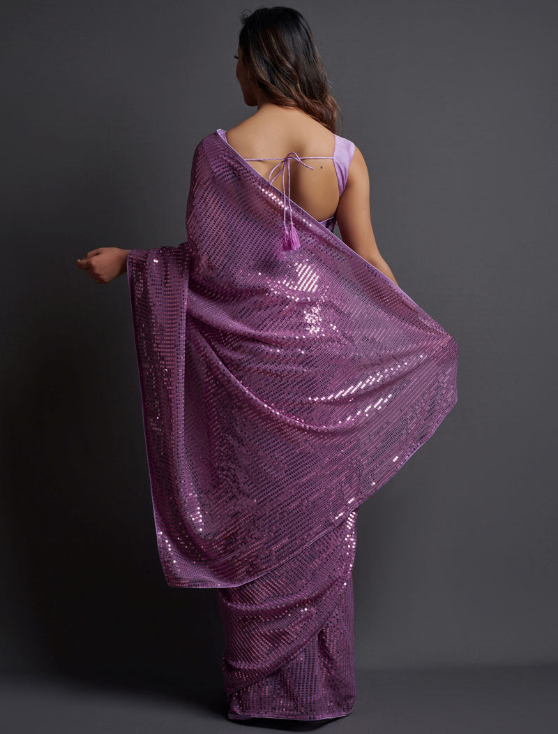 Light Purple Soft Georgette Saree 5 MM Plain Sequence And Thread Work With Banglori Silk Blouse