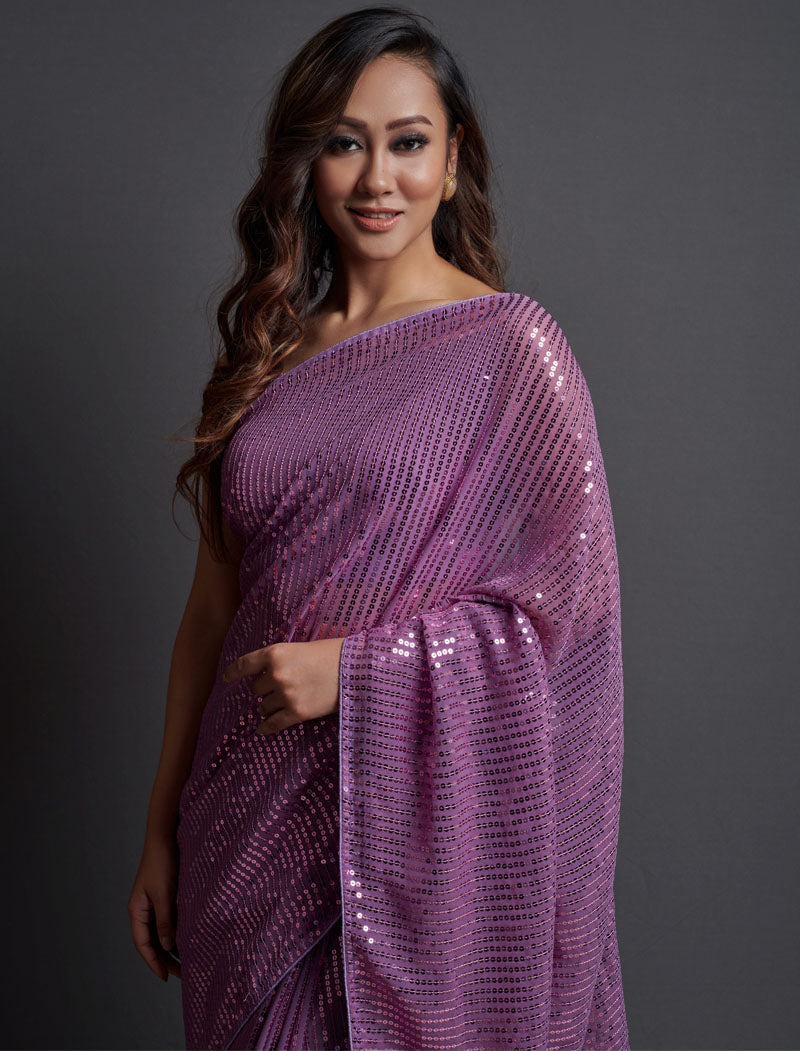 Light Purple Soft Georgette Saree 5 MM Plain Sequence And Thread Work With Banglori Silk Blouse