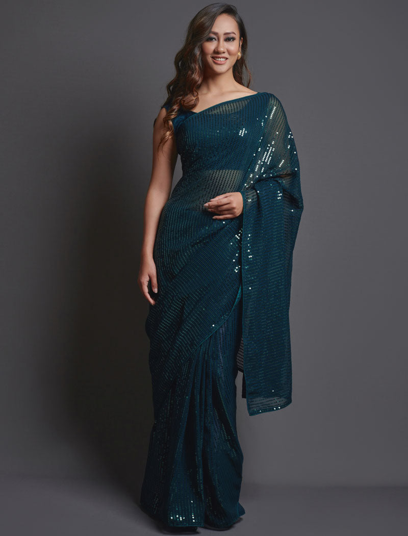 Peacock Blue Soft Georgette Saree 5 MM Plain Sequence And Thread Work With Banglori Silk Blouse