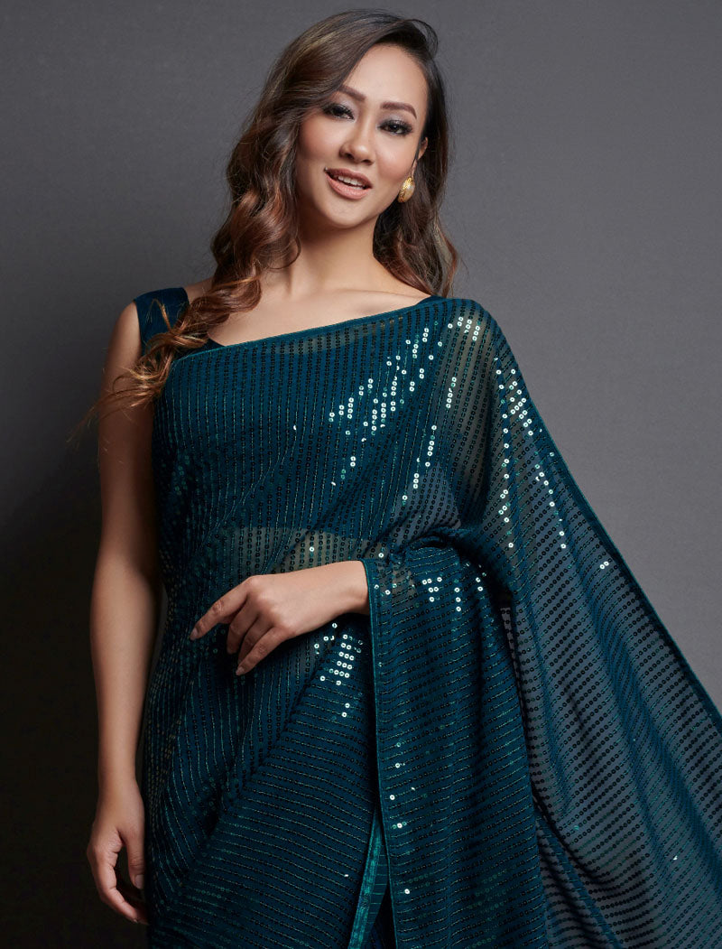 Peacock Blue Soft Georgette Saree 5 MM Plain Sequence And Thread Work With Banglori Silk Blouse