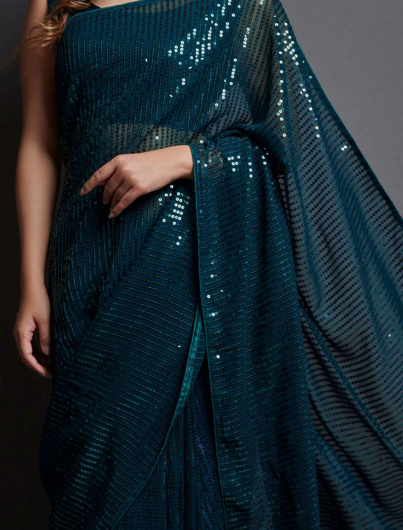 Peacock Blue Soft Georgette Saree 5 MM Plain Sequence And Thread Work With Banglori Silk Blouse