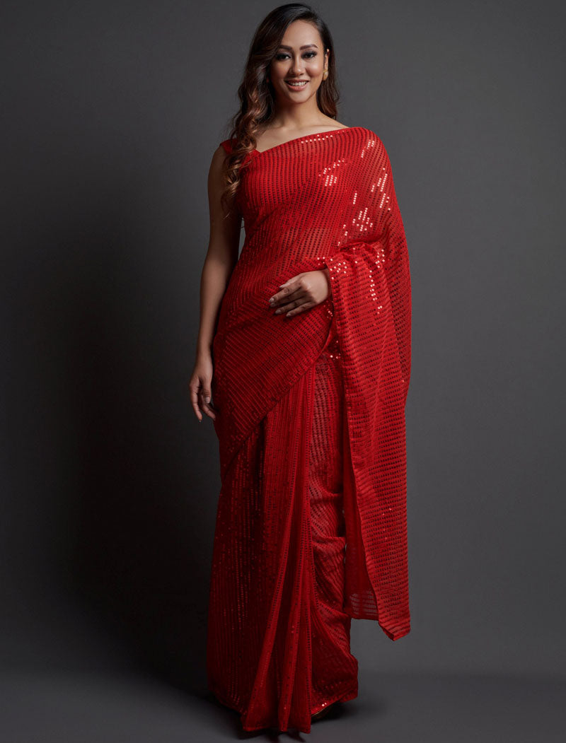 Red Soft Georgette Saree 5 MM Plain Sequence And Thread Work With Banglori Silk Blouse