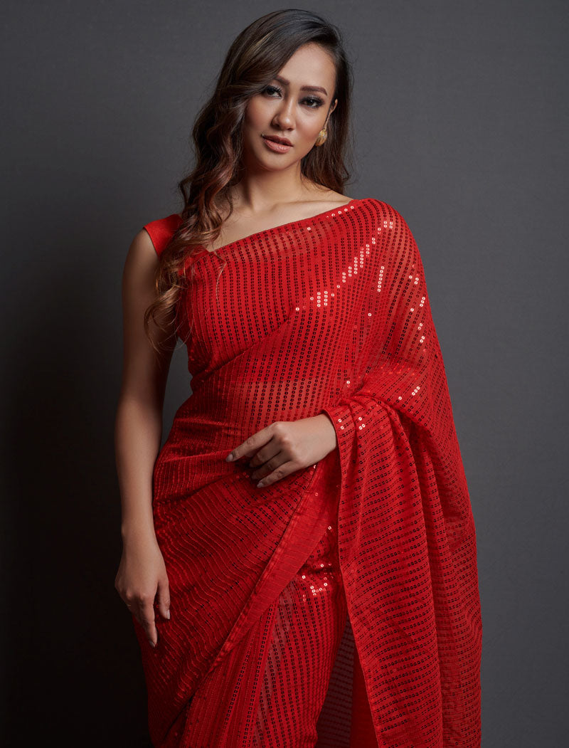 Red Soft Georgette Saree 5 MM Plain Sequence And Thread Work With Banglori Silk Blouse