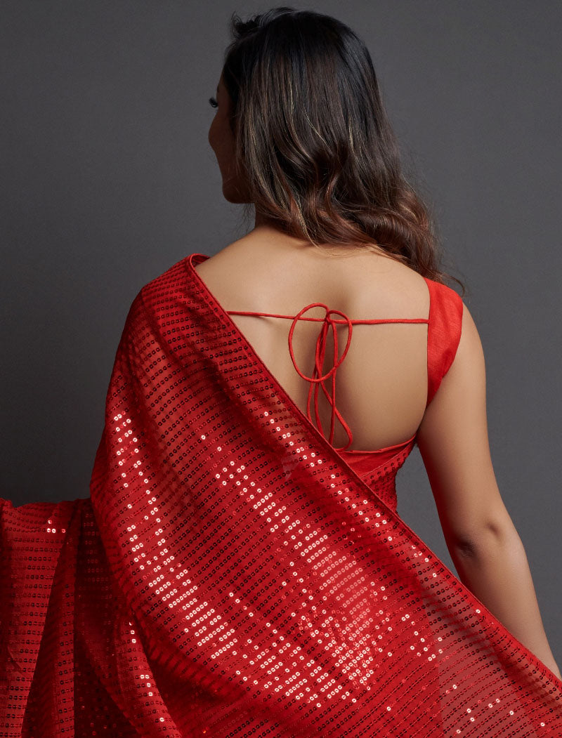 Red Soft Georgette Saree 5 MM Plain Sequence And Thread Work With Banglori Silk Blouse