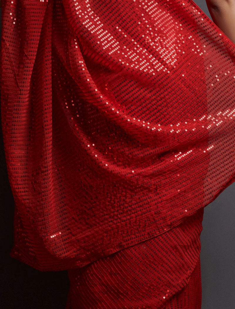 Red Soft Georgette Saree 5 MM Plain Sequence And Thread Work With Banglori Silk Blouse