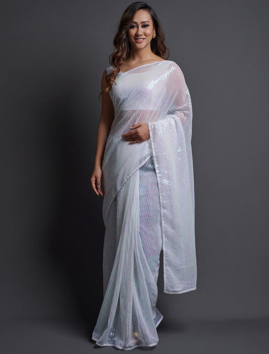 White Soft Georgette Saree 5 MM Plain Sequence And Thread Work With Banglori Silk Blouse