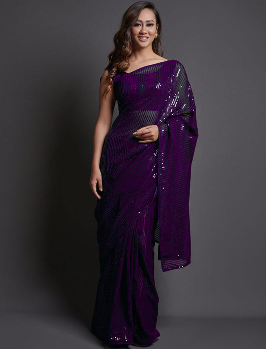 Purple Soft Georgette Saree 5 MM Plain Sequence And Thread Work With Banglori Silk Blouse