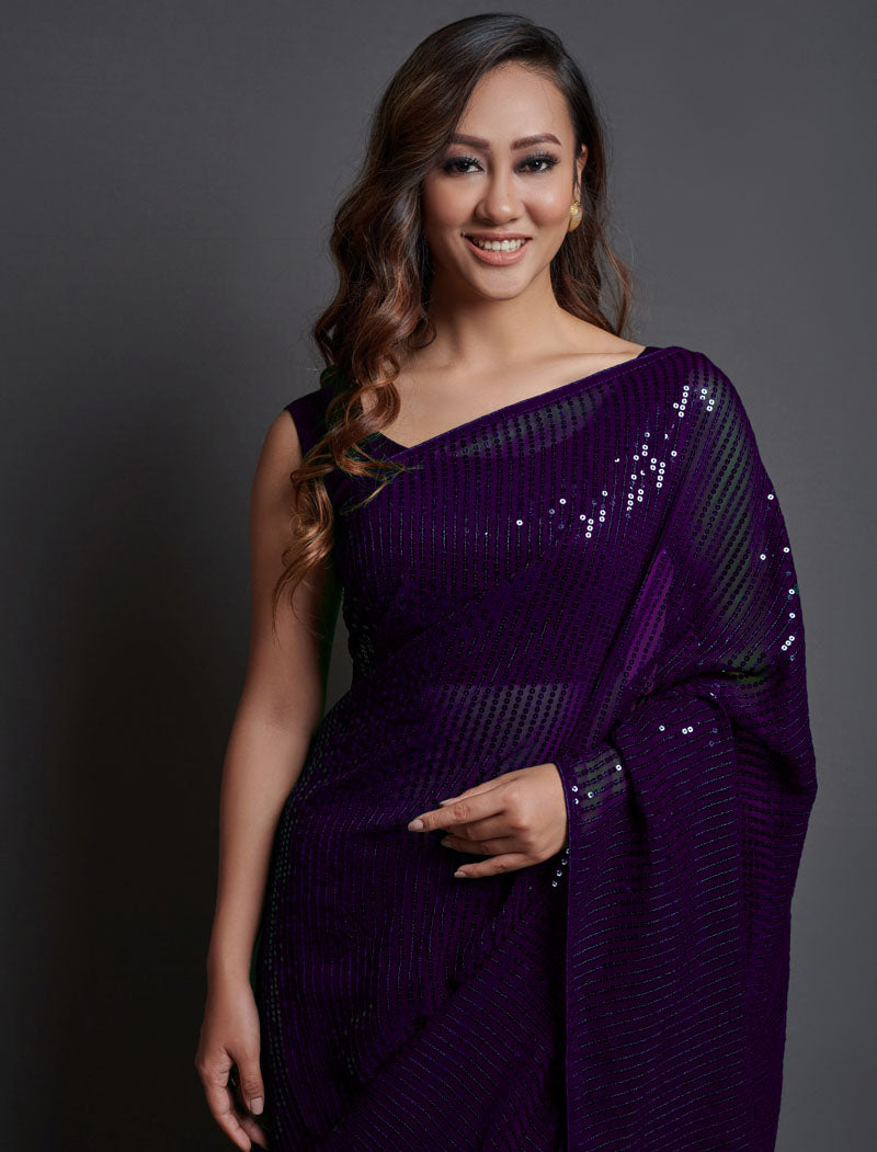 Purple Soft Georgette Saree 5 MM Plain Sequence And Thread Work With Banglori Silk Blouse