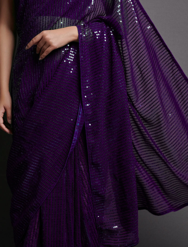 Purple Soft Georgette Saree 5 MM Plain Sequence And Thread Work With Banglori Silk Blouse