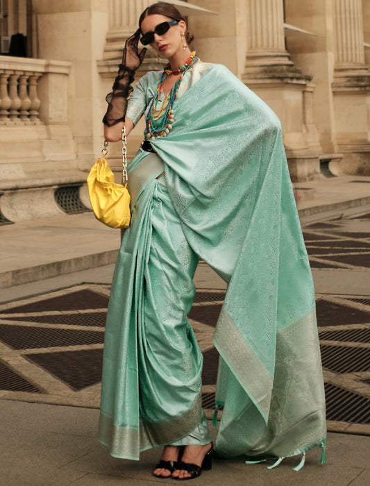 Sea Green Pure Self Satin Handloom Weaving Traditional Wear Saree With Blouse