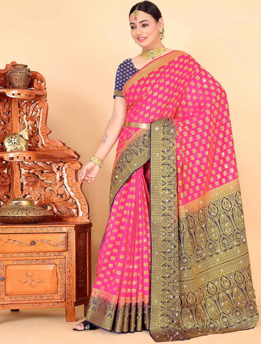 Stones Designer Banarasi Silk With Woven Blouse Traditional Saree