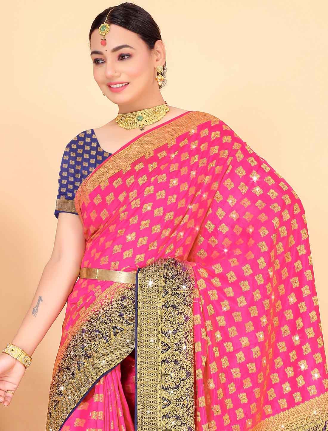 Stones Designer Banarasi Silk With Woven Blouse Traditional Saree