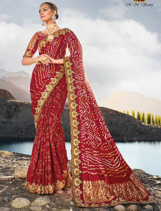 Maroon Pure Gajji Bandhej Satin With Real Silk Blouse Original Mirror Moti & Cut Dana Work Traditional Wear Sarees