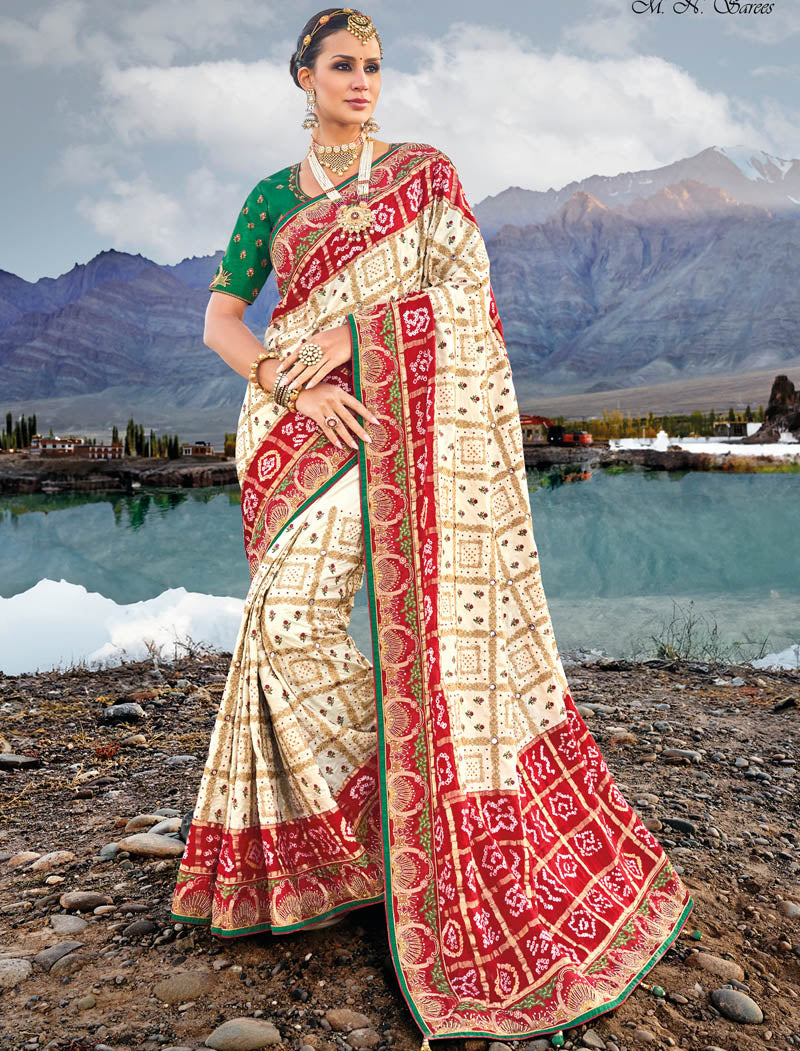 Cream Pure Gajji Bandhej Satin With Italian Silk Blouse Original Mirror Moti & Cut Dana Work Traditional Wear Sarees