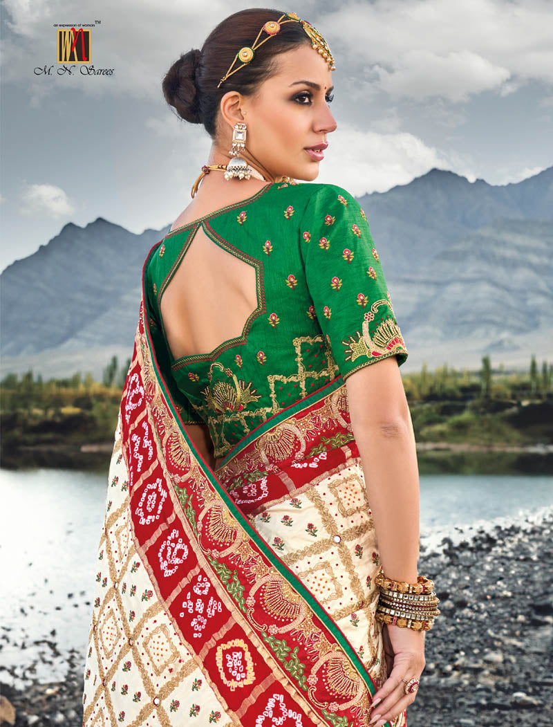 Cream Pure Gajji Bandhej Satin With Italian Silk Blouse Original Mirror Moti & Cut Dana Work Traditional Wear Sarees