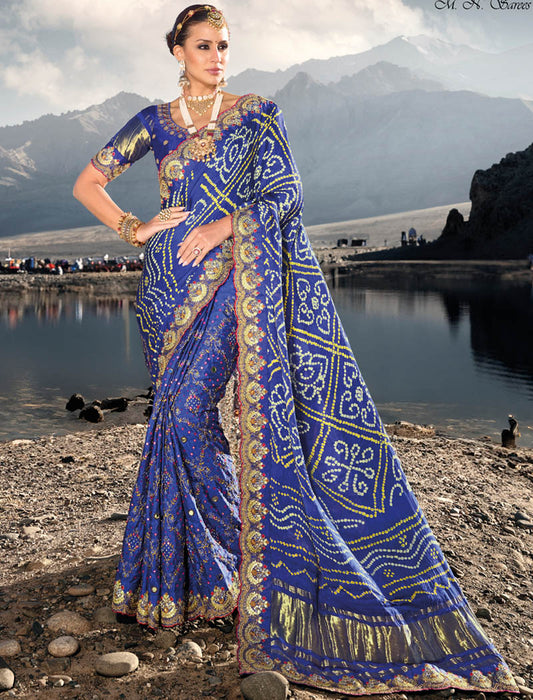 Royal Blue Pure Gajji Bandhej Satin With Real Silk Blouse Original Mirror Moti & Cut Dana Work Traditional Wear Sarees