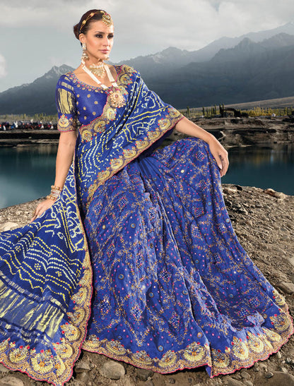 Royal Blue Pure Gajji Bandhej Satin With Real Silk Blouse Original Mirror Moti & Cut Dana Work Traditional Wear Sarees