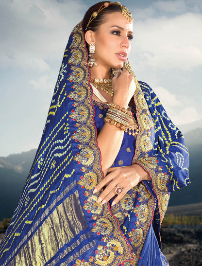 Royal Blue Pure Gajji Bandhej Satin With Real Silk Blouse Original Mirror Moti & Cut Dana Work Traditional Wear Sarees