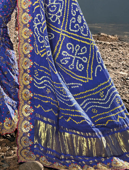 Royal Blue Pure Gajji Bandhej Satin With Real Silk Blouse Original Mirror Moti & Cut Dana Work Traditional Wear Sarees